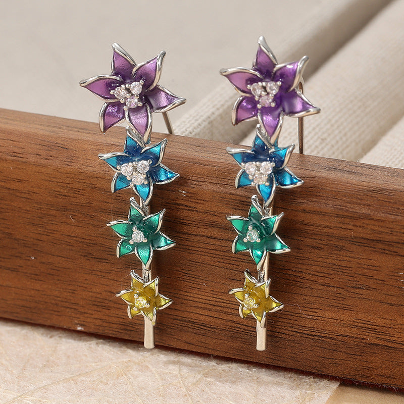 Colorful Flower Stud Earrings Silver Tone Brass Women Black White Crystal Party Fashion Jewelry Elegant