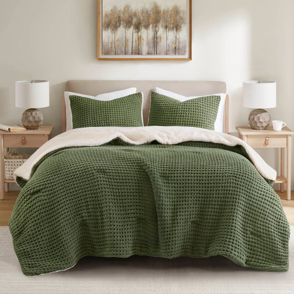 3 Pieces Full/Queen Waffle Knit Chenille Comforter Set - Olive