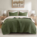 3 Pieces Full/Queen Waffle Knit Chenille Comforter Set - Olive