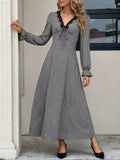 Gingham Lace-Trim V-Neck Long Sleeve A-Line Maxi Dress
