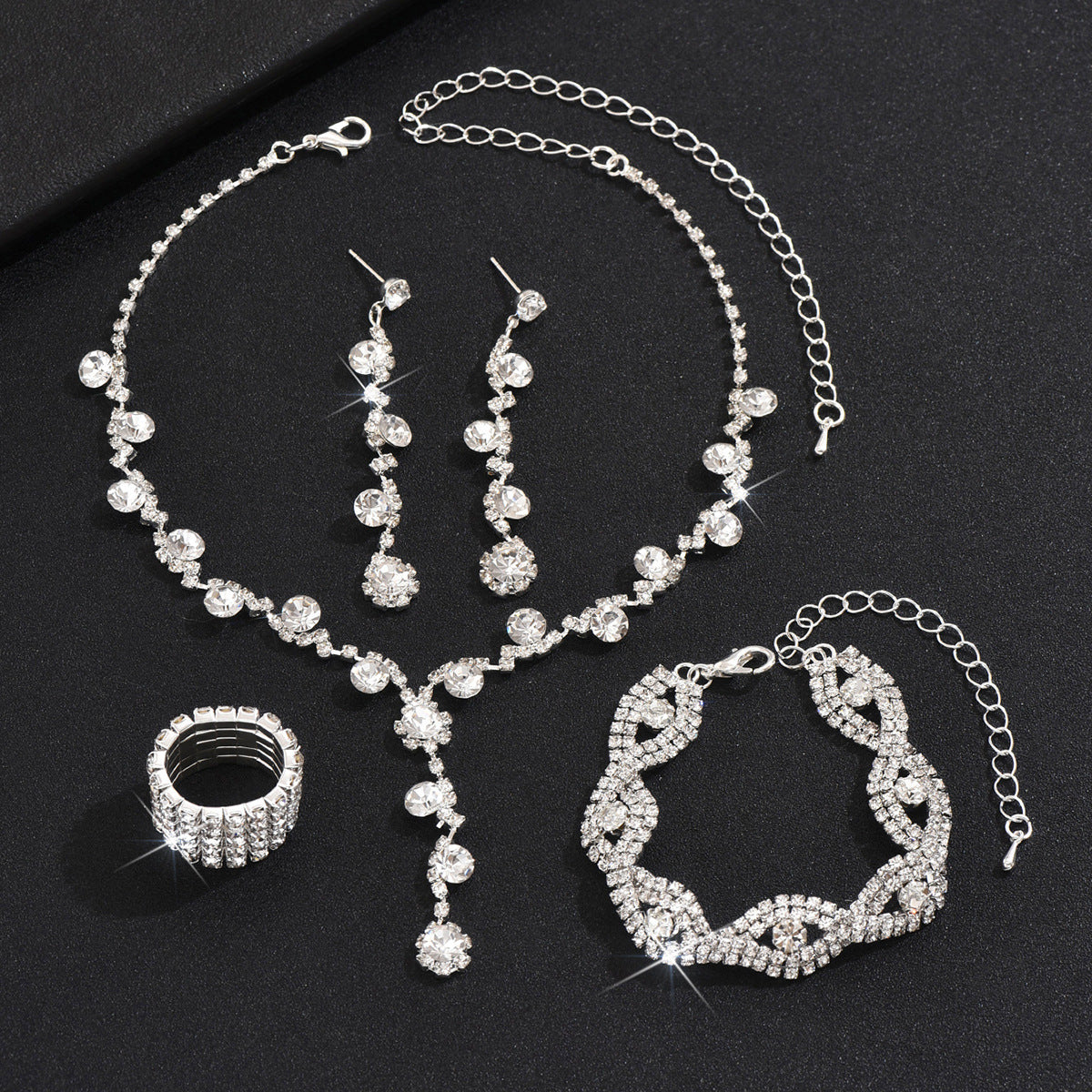 2026 Cross-border Rhinestone Jewelry Necklace Earring Bracelet Three-piece Jewelry Accessories Bridal Wedding Jewelry All-match