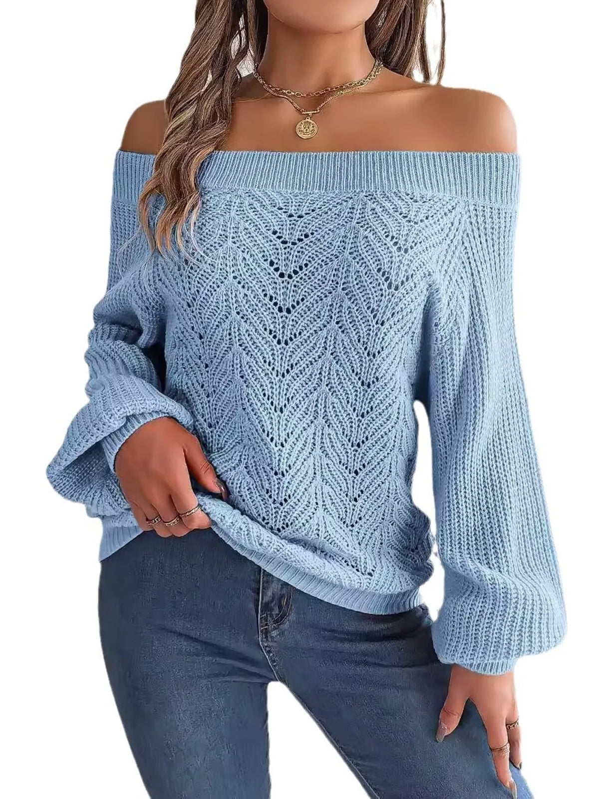 Openwork Off-Shoulder Sweater