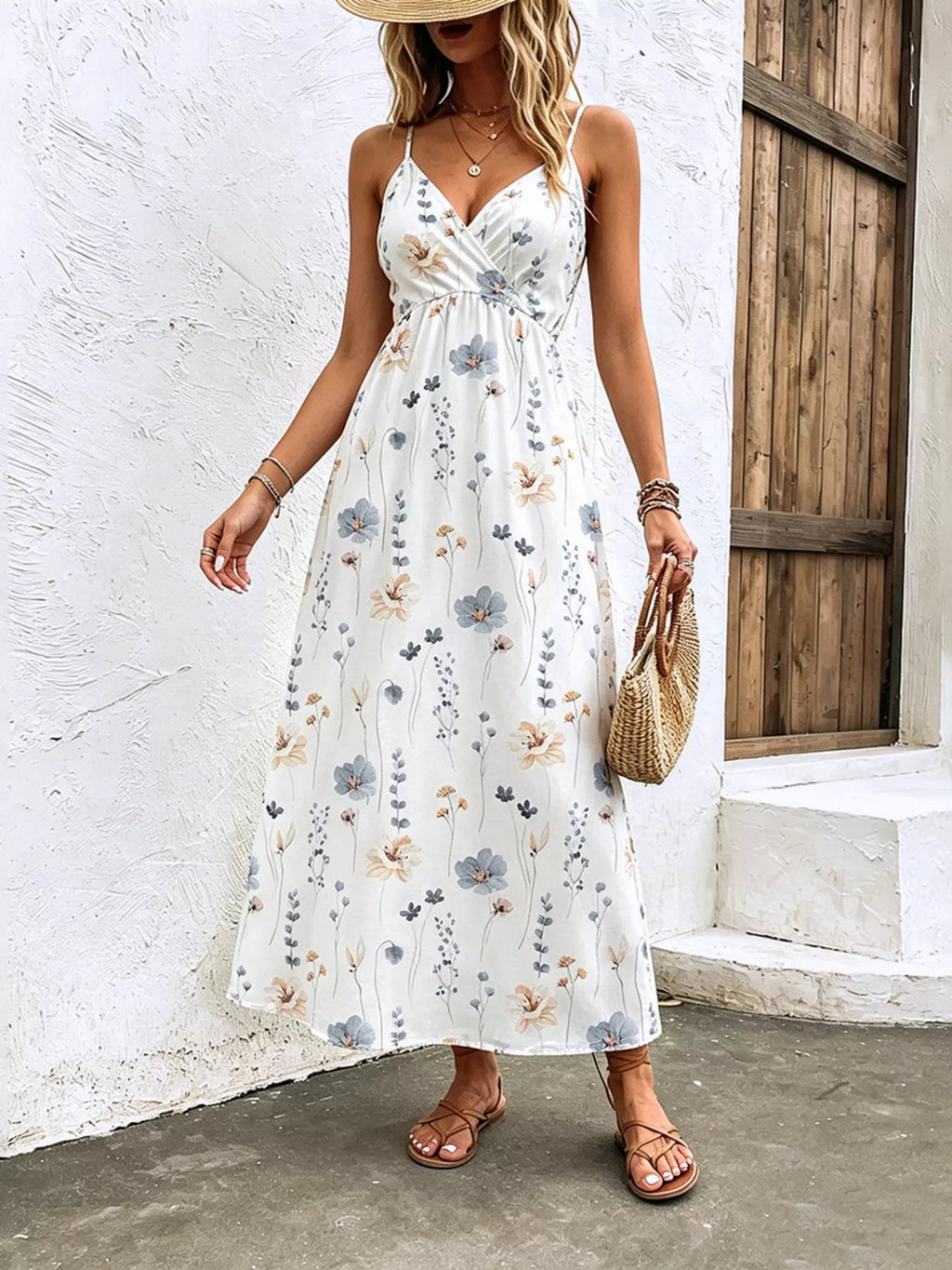 Floral Print Spaghetti Strap Midi Dress – White / Taupe