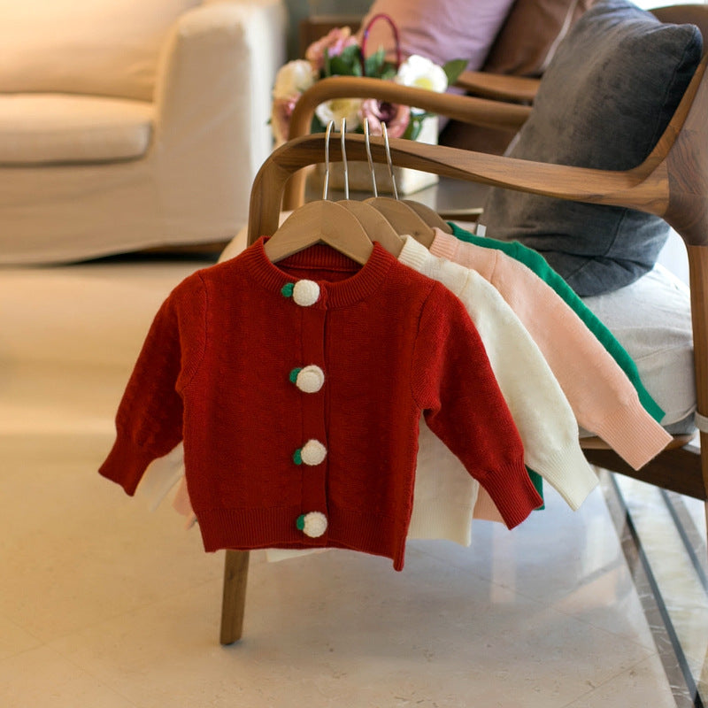 Girls' Solid Color Cardigan Crew Neck Sweater