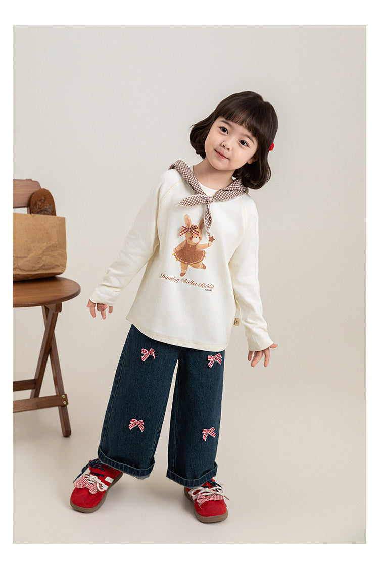 Bow-Embroidered Denim Wide-Leg Jeans For Girls