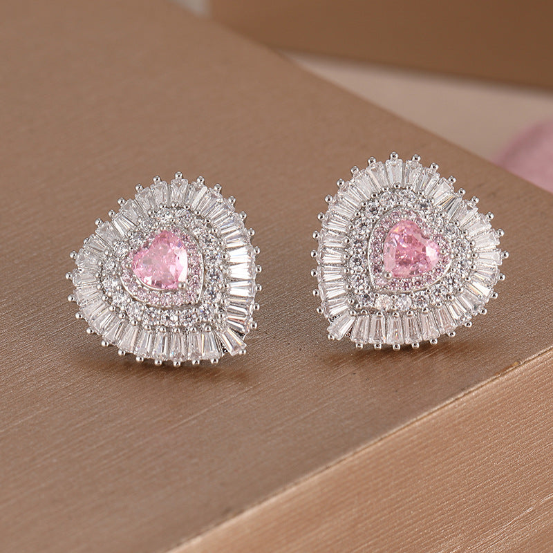 Blush Heart Crystal Stud Earrings Silver Tone Brass Women Elegant Wedding Party Fashion Jewelry Sparkling