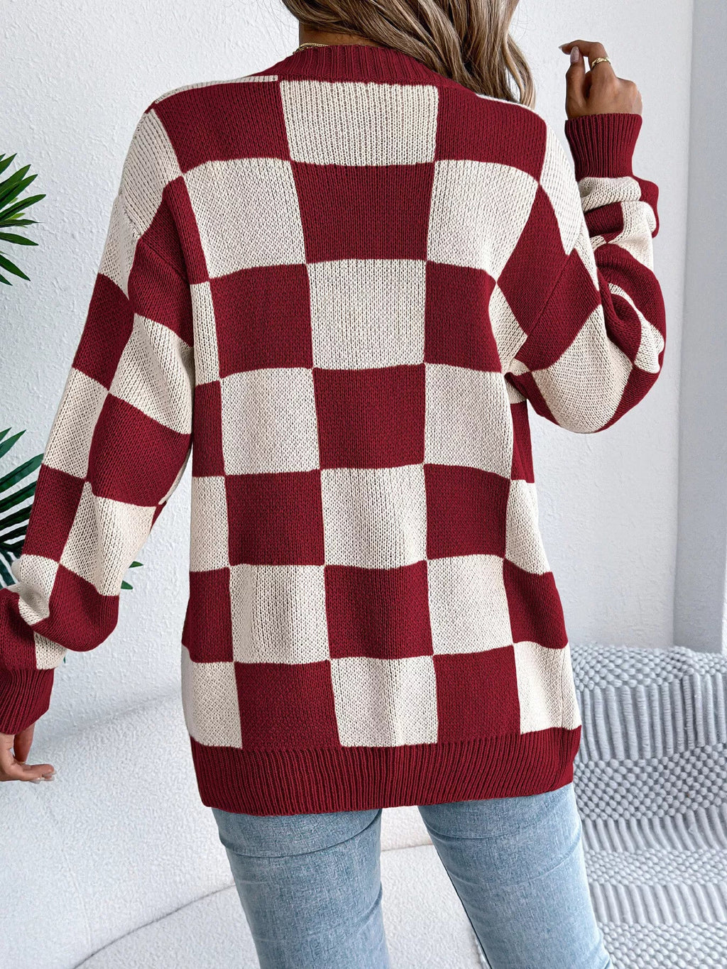 Checkerboard Pattern Open Front Knit Cardigan