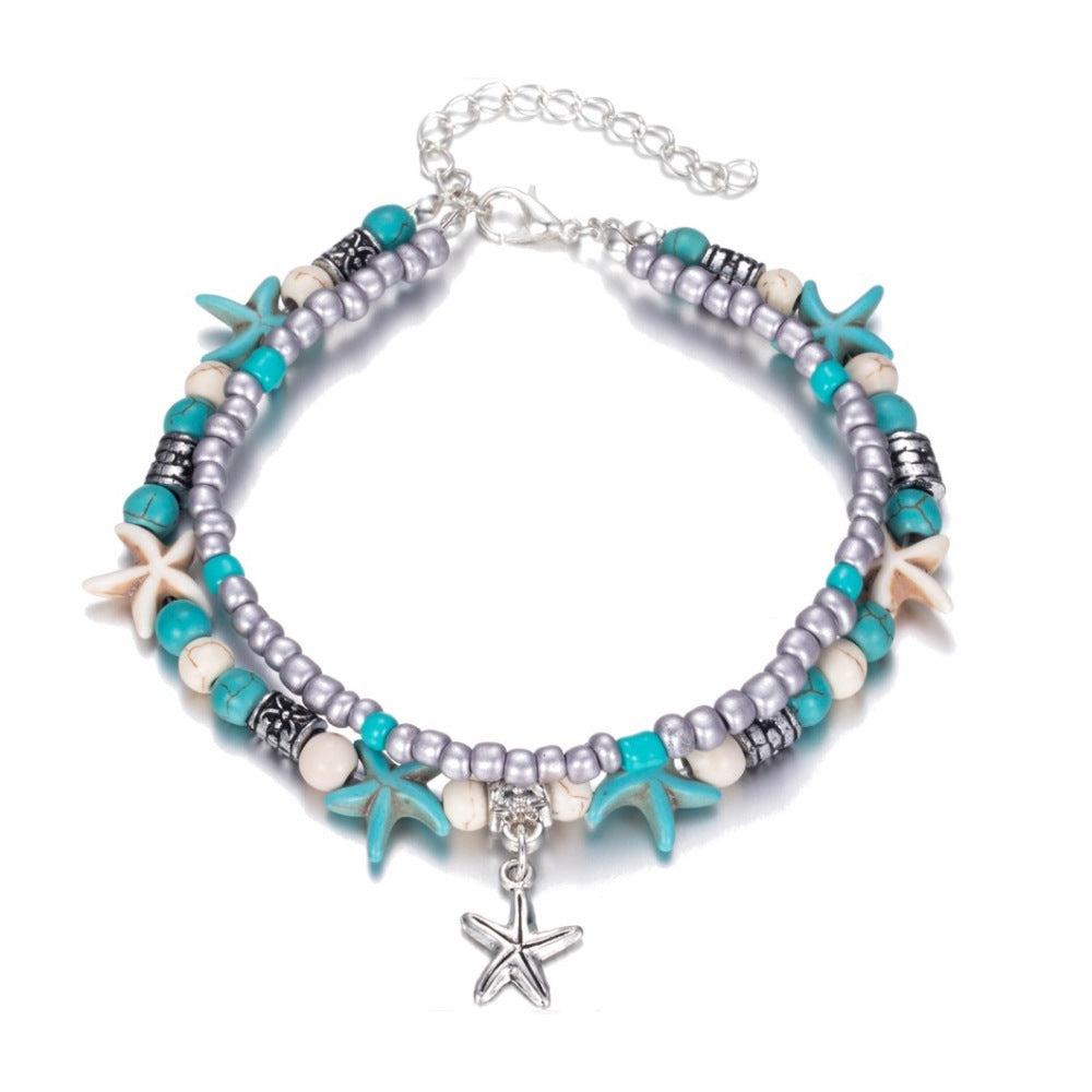 Retro Rice Grain Pearl Turtle Scallop Alloy Pendant Anklet