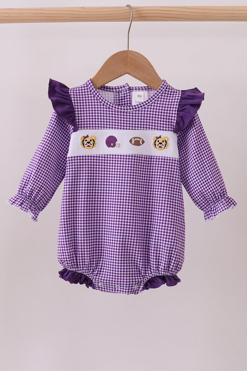 Premium Purple LSU tiger embroidery gingham ruffle bubble