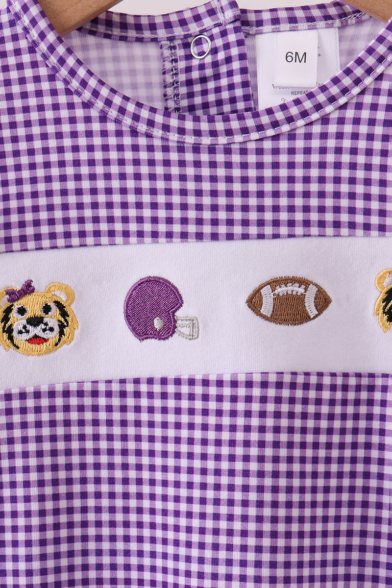 Premium Purple LSU tiger embroidery gingham ruffle bubble