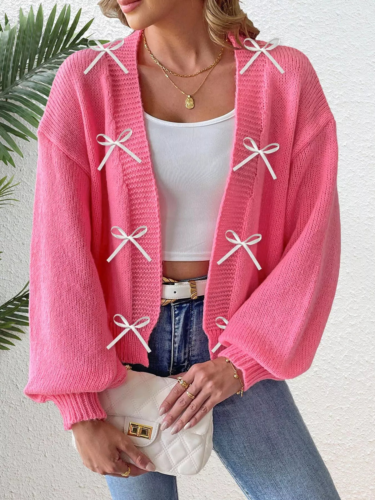 Bow-Tie Open Front Knit Cardigan