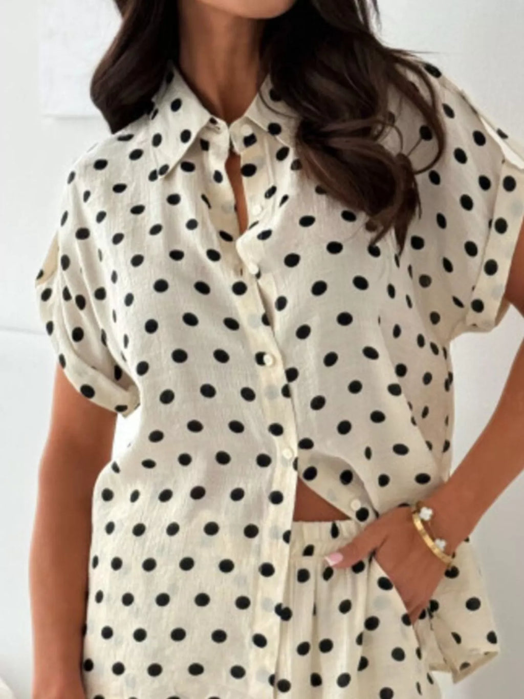 Polka Dot Button Up Shirt and Shorts Set – Black / Ivory