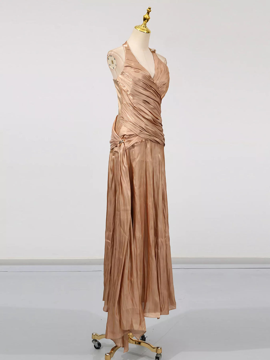 Halter Neck Ruched Maxi Dress – Champagne