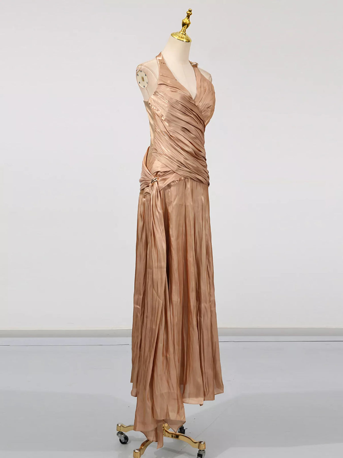 Halter Neck Ruched Maxi Dress – Champagne