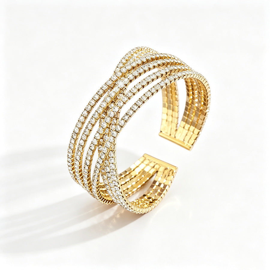 Eco-friendly Full Zircon Cross C Shape Wide Open Elastic Bangle Statement Women Wrist Jewelry For Banquet Party Occasions