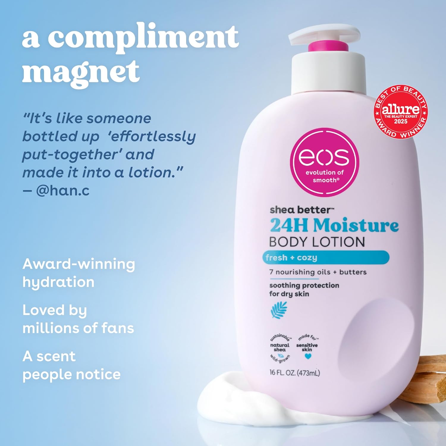 eos Shea Better Body Lotion Vanilla Cashmere, 24-Hour Moisture Skin Care, Lightweight & Non-Greasy, Natural Shea, Vegan, Vanilla Body Lotion, 16 fl oz