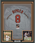Framed Autographed/Signed Cal Ripken Jr. 35x39 Baltimore Grey Baseball Jersey JSA COA