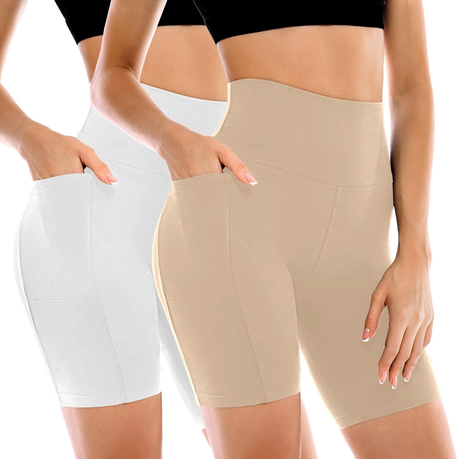 Leafigure 2 Pack Womens Biker Shorts with Pockets, High Waisted Yoga Shorts for Women Running Gym and Workout