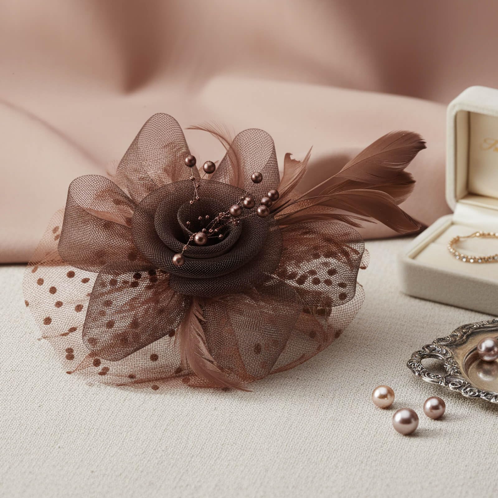 DRESHOW Fascinators Hat Flower Mesh Ribbons Feathers on a Headband and a Clip Tea Party Headwear for Girls and Women