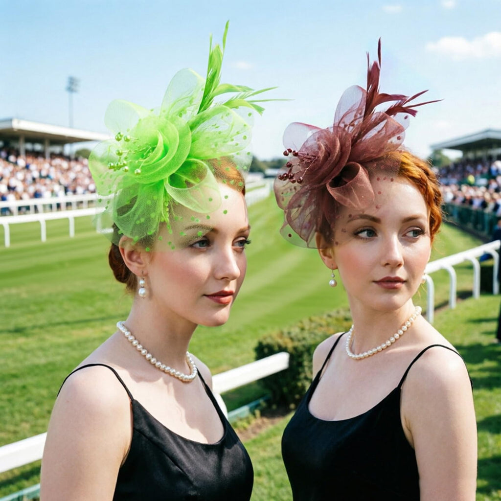 DRESHOW Fascinators Hat Flower Mesh Ribbons Feathers on a Headband and a Clip Tea Party Headwear for Girls and Women