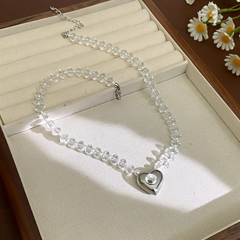 White Crystal Beaded Heart Pendant Clavicle Chain Necklace Women Neck Jewelry For Daily Dating Banquet Party Occasions
