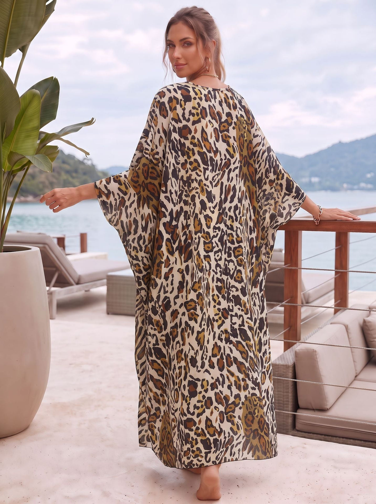 Leopard Print Front-woven Rayon Beach Cover-up For Women, Suitable For Seaside Vacations, Foreign Trade