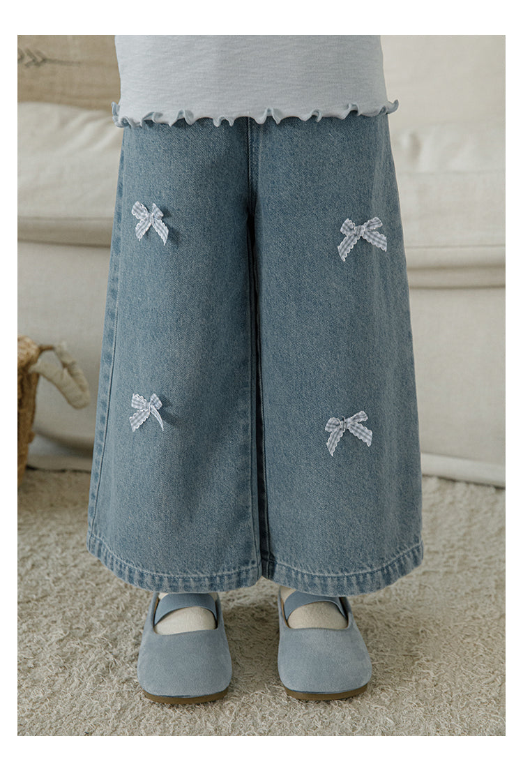 Girls' Wide Leg Bow Embroidered Elastic Waisted Jeans
