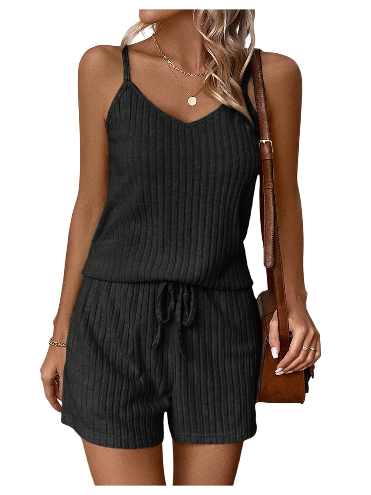 SweatyRocks Women's Summer Casual 2 Piece Ribbed Shorts Sets Cami Top and Shorts with Pockets Women Outfits Black Medium