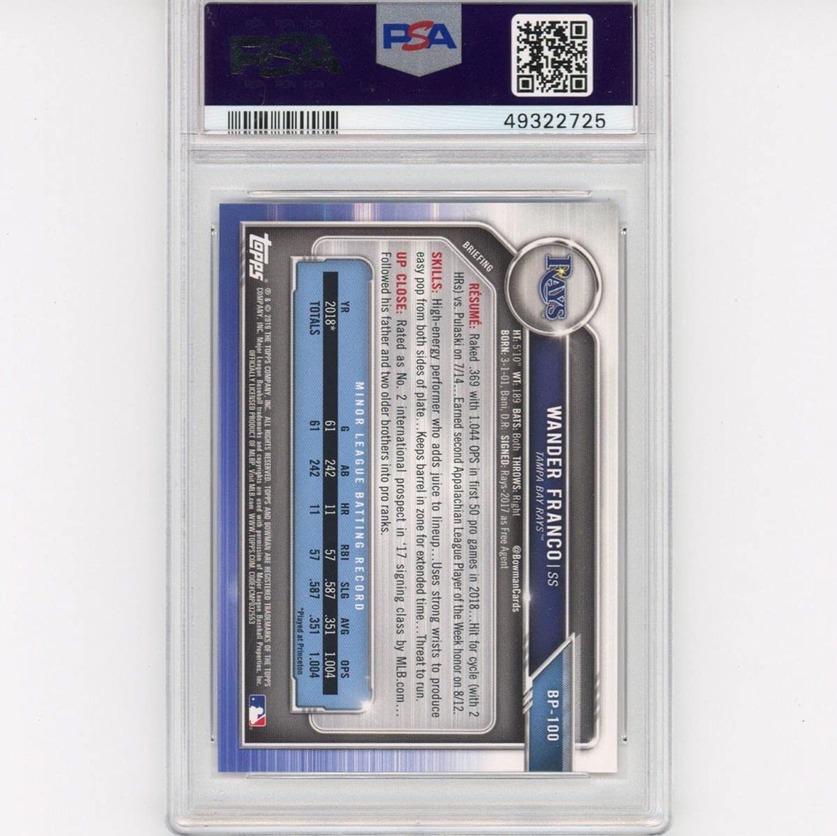Graded 2019 Bowman Paper Prospects Wander Franco #BP100 Rookie RC Baseball Card PSA 10 Gem Mint
