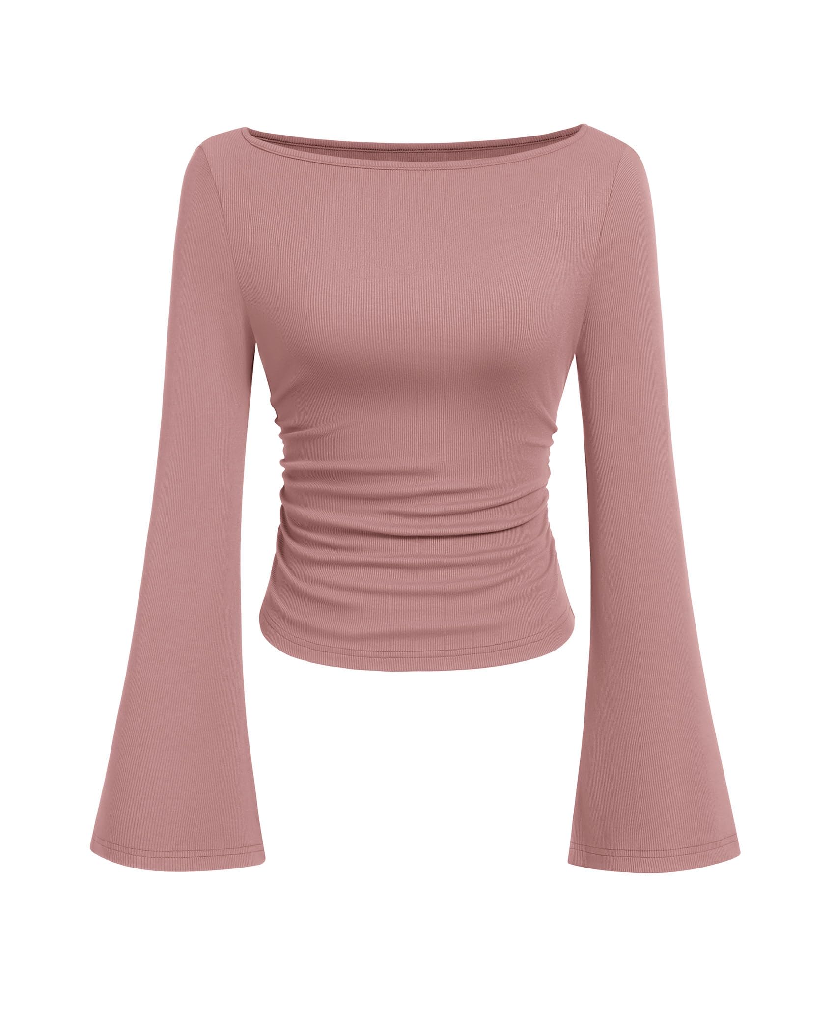 PRETTYGARDEN Womens Long Sleeve Shirts 2026 Spring Crop Going Out Tops Casual Boat Neck Bell Sleeve Ribbed Ruched Y2K Clothes