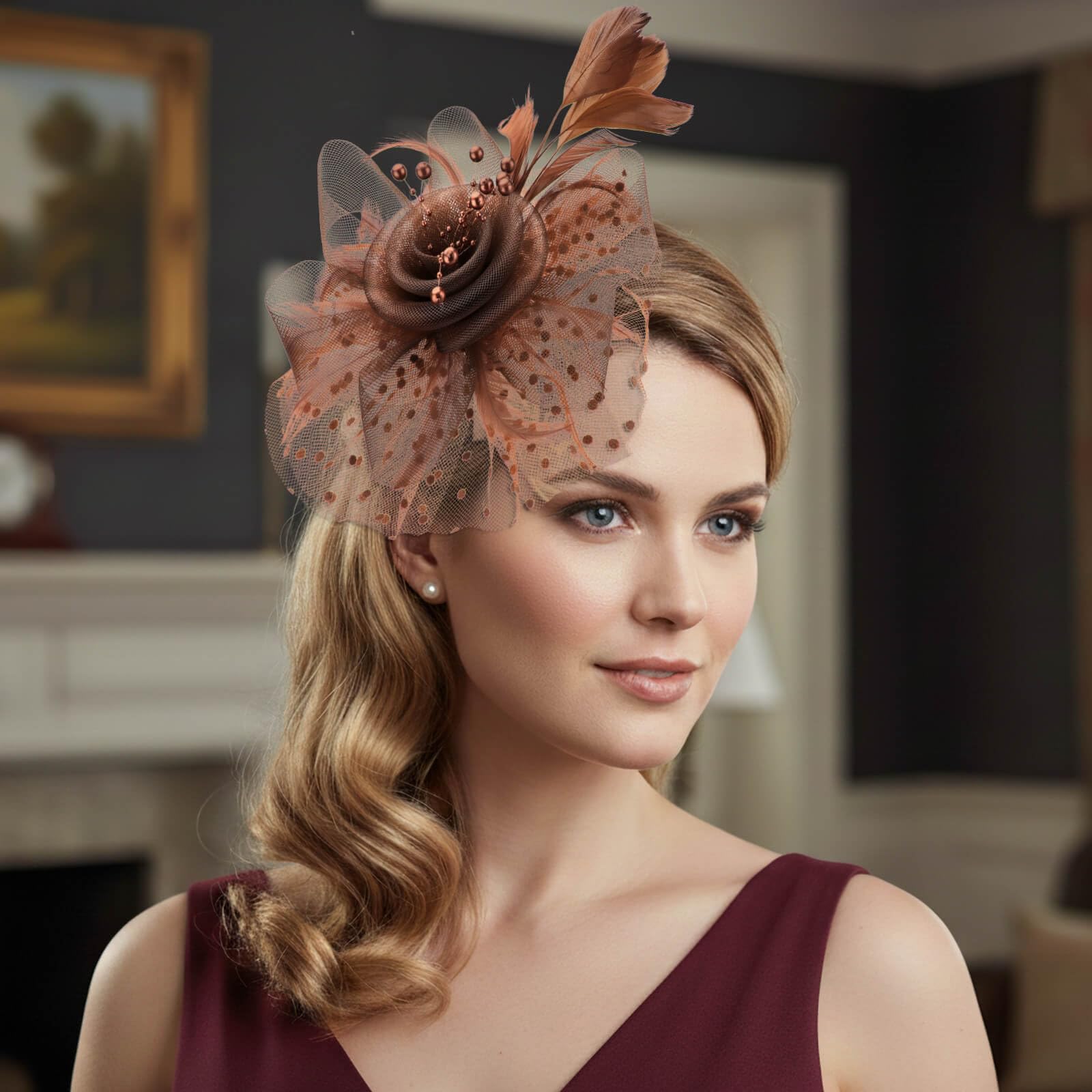 DRESHOW Fascinators Hat Flower Mesh Ribbons Feathers on a Headband and a Clip Tea Party Headwear for Girls and Women