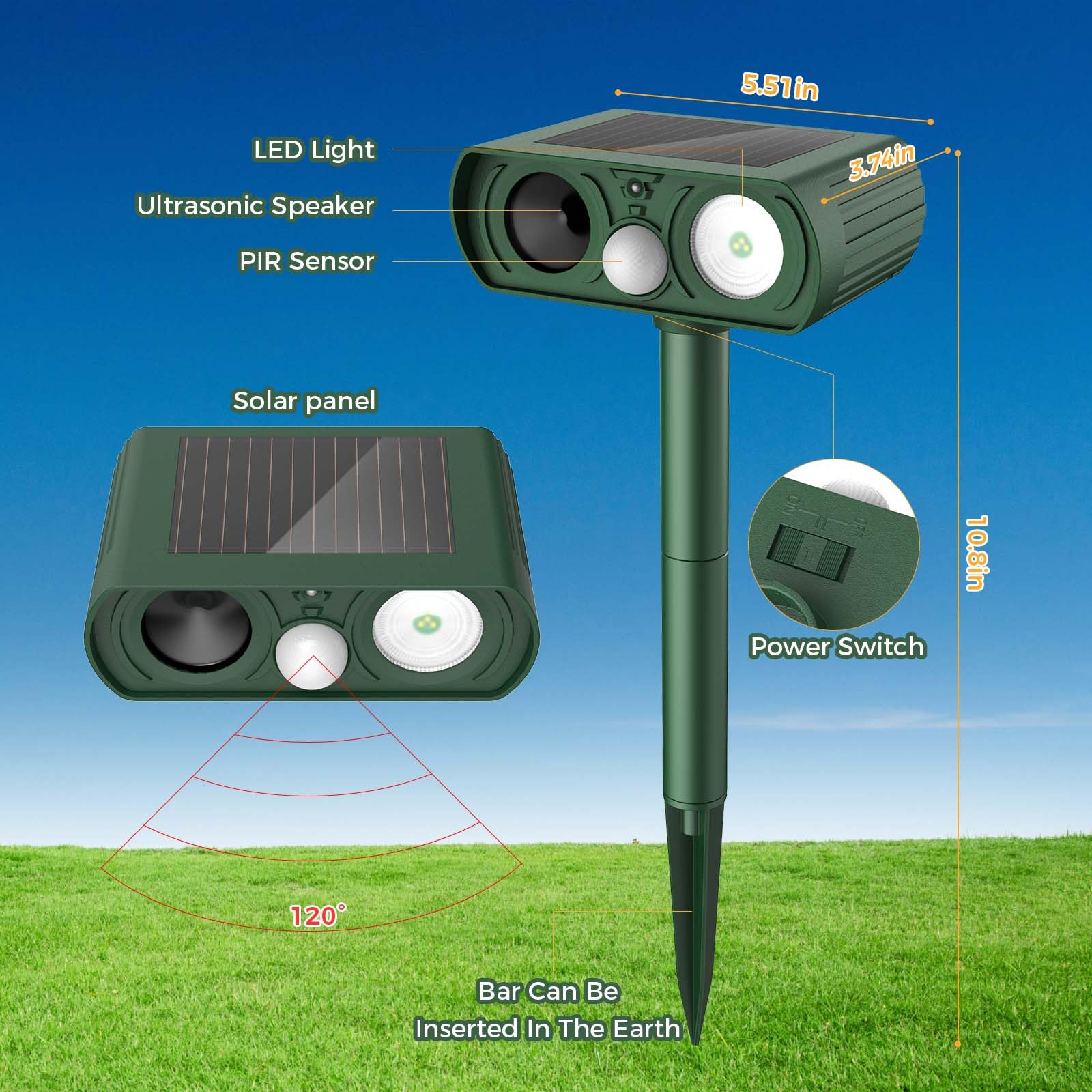 Upgraded Solar Ultrasonic Animal Repellent Outdoor, Deer Repellent Devices Squirrel Cat Raccoon Rabbit Dog Deterrent, Keep Skunk Away Motion Detection with Flash Light for Yard Garden Lawn 2PACKGreen