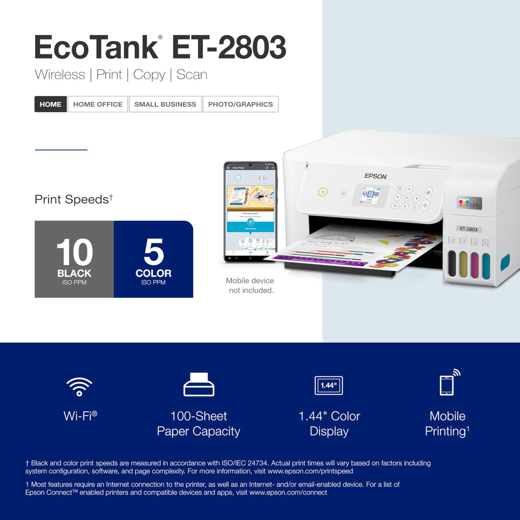 Epson EcoTank ET-2800 Wireless Color All-in-One Cartridge-Free Supertank with Scan and Copy, The Ideal Basic Home Printer - Black