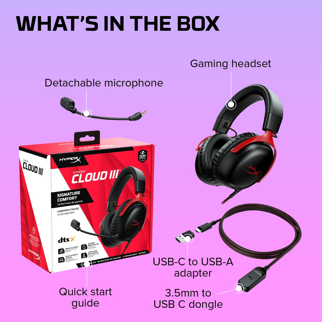 HyperX Cloud III Wireless – Gaming Headset for PC, PS5, PS4, up to 120-hour Battery, 2.4GHz Wireless, DTS Spatial Audio, 53mm Angled Drivers, Memory Foam, Durable Frame, 10mm Microphone, Black