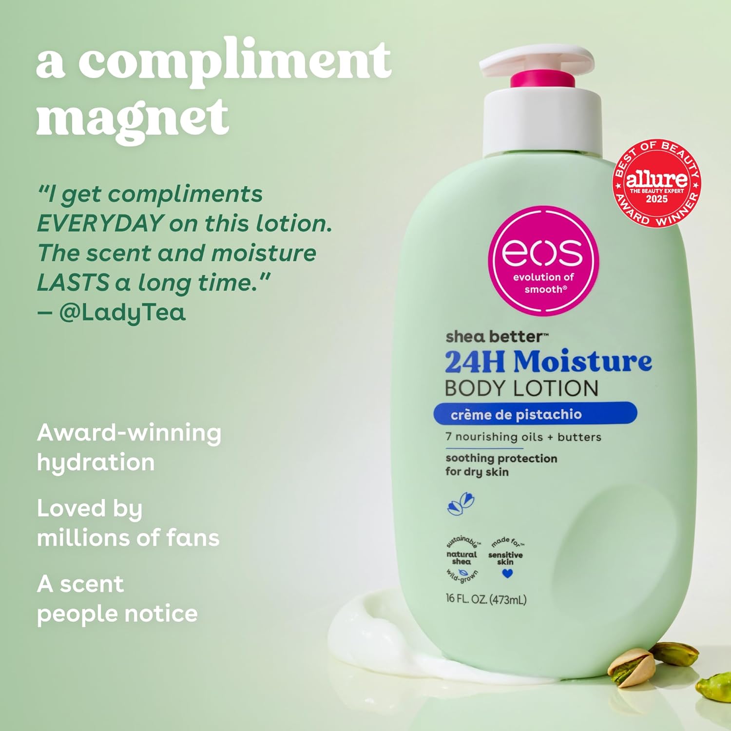 eos Shea Better Body Lotion Vanilla Cashmere, 24-Hour Moisture Skin Care, Lightweight & Non-Greasy, Natural Shea, Vegan, Vanilla Body Lotion, 16 fl oz