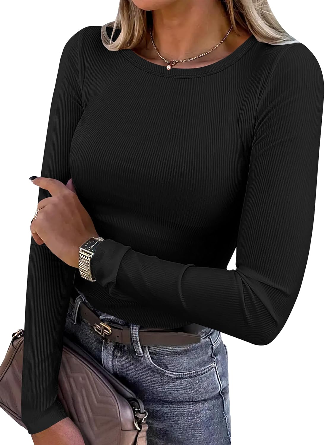 ANRABESS Women Long Sleeve Shirts Rib Knit Slim Fit Tops Basic Tee Spring Outfits Casual T-Shirt Underscrubs Layer Clothes
