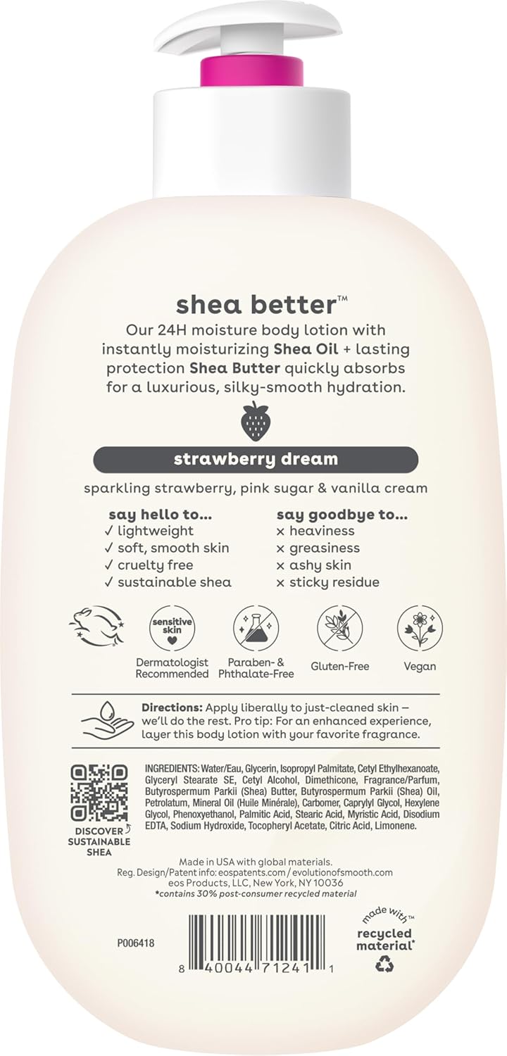 eos Shea Better Body Lotion Vanilla Cashmere, 24-Hour Moisture Skin Care, Lightweight & Non-Greasy, Natural Shea, Vegan, Vanilla Body Lotion, 16 fl oz