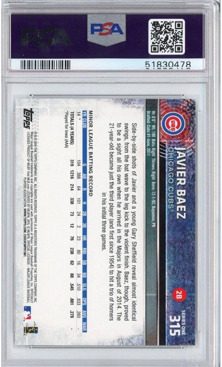 Graded 2015 Topps Javier Baez #315 Rookie RC Baseball Card PSA 10 Gem Mint