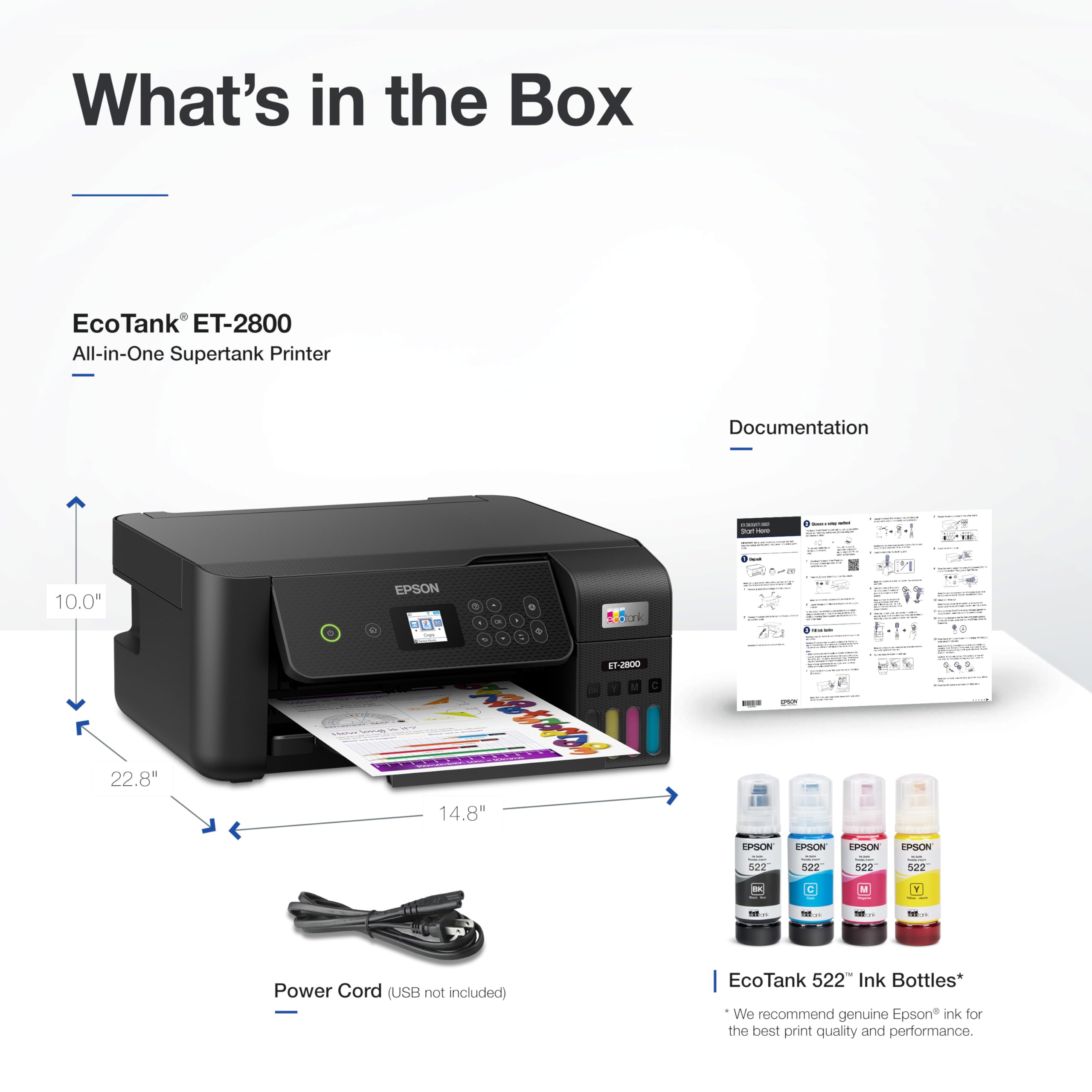 Epson EcoTank ET-2800 Wireless Color All-in-One Cartridge-Free Supertank with Scan and Copy, The Ideal Basic Home Printer - Black