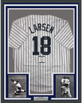 Framed Autographed/Signed Don Larsen Inscribed 35x39 New York Pinstripe Baseball Jersey Beckett BAS COA