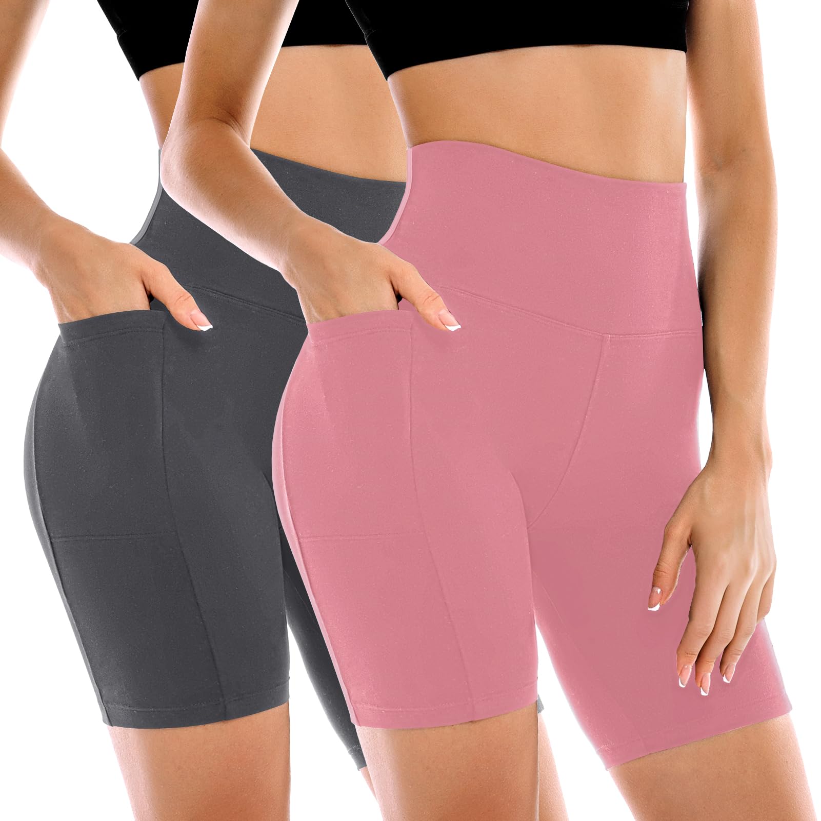 Leafigure 2 Pack Womens Biker Shorts with Pockets, High Waisted Yoga Shorts for Women Running Gym and Workout