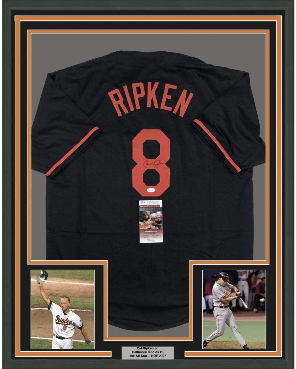 Framed Autographed/Signed Cal Ripken Jr. 35x39 Baltimore Black Baseball Jersey JSA COA