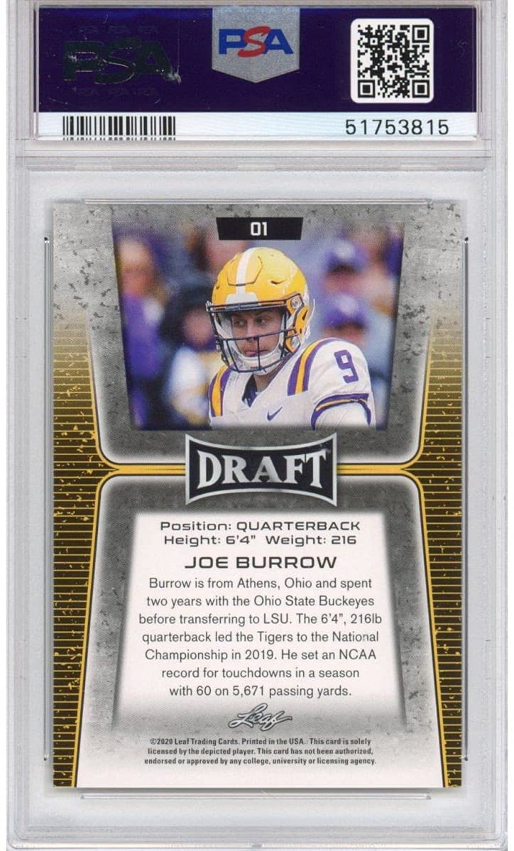 Graded 2020 Leaf Draft Joe Burrow #1 Gold Rookie RC Football Card PSA 10 Gem Mint