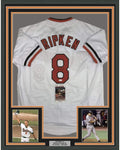 Framed Autographed/Signed Cal Ripken Jr. 35x39 Baltimore White Baseball Jersey JSA COA