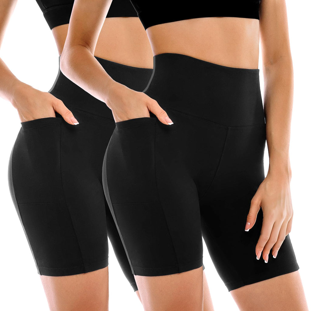 Leafigure 2 Pack Womens Biker Shorts with Pockets, High Waisted Yoga Shorts for Women Running Gym and Workout