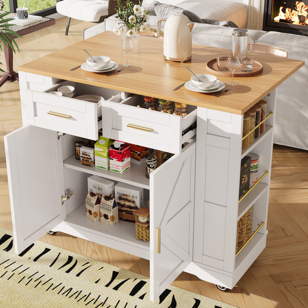 Kitchen Island On Wheels, Rolling Island Cart With 2 Drawers And Double-Sided Storage Racks, Storage Cabinet With Foldable Worktop, Mobile Carts, Portable Trolley For Home And Kitchen, White