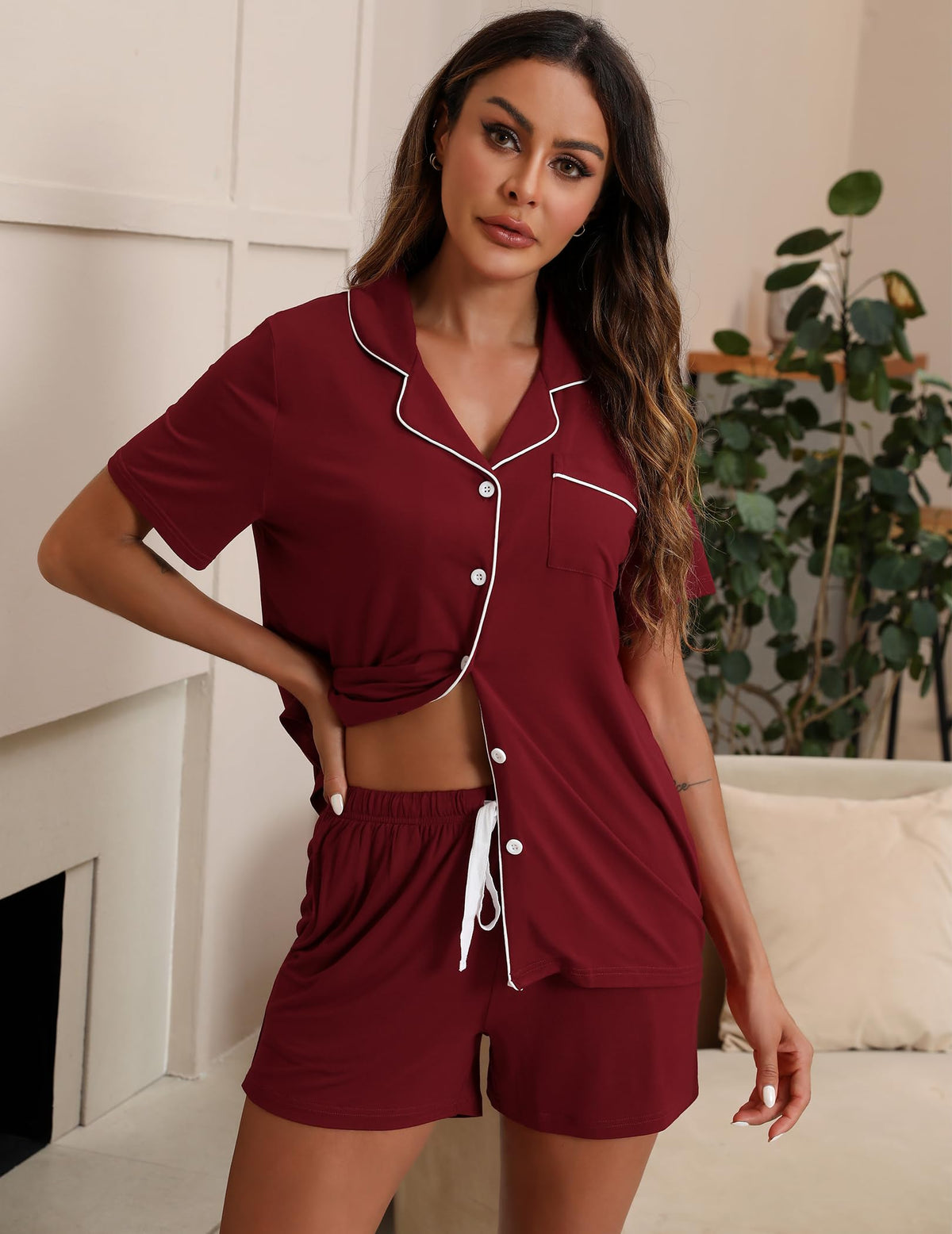 ZMJ Womens Pajama Sets 2 Piece Lounge Sets Short Sleeve Top and Shorts Pj Set Button Down Sleepwear Outfits Wine Red, S