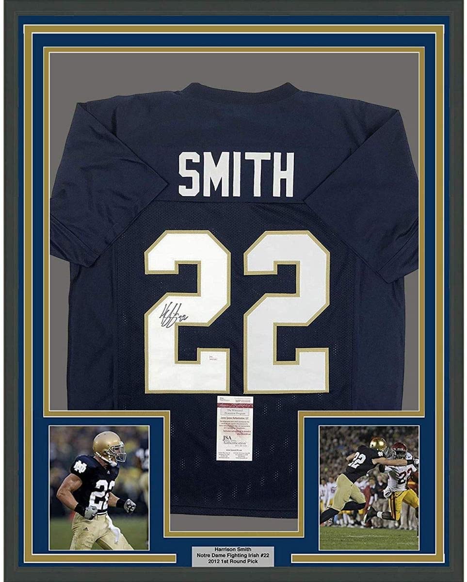 Framed Autographed/Signed Harrison Smith 35x39 Notre Dame Blue College Football Jersey JSA COA
