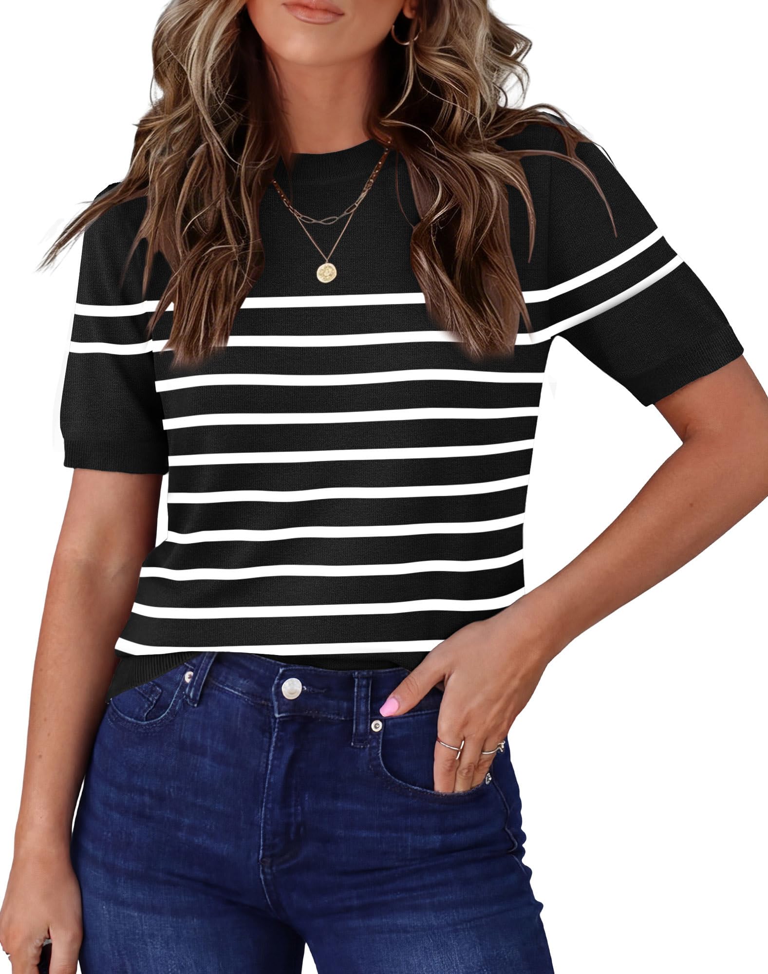 RUMIA Short Sleeve Sweaters for Women Lightweight Loose Business Casual Tops (XS-XXL)