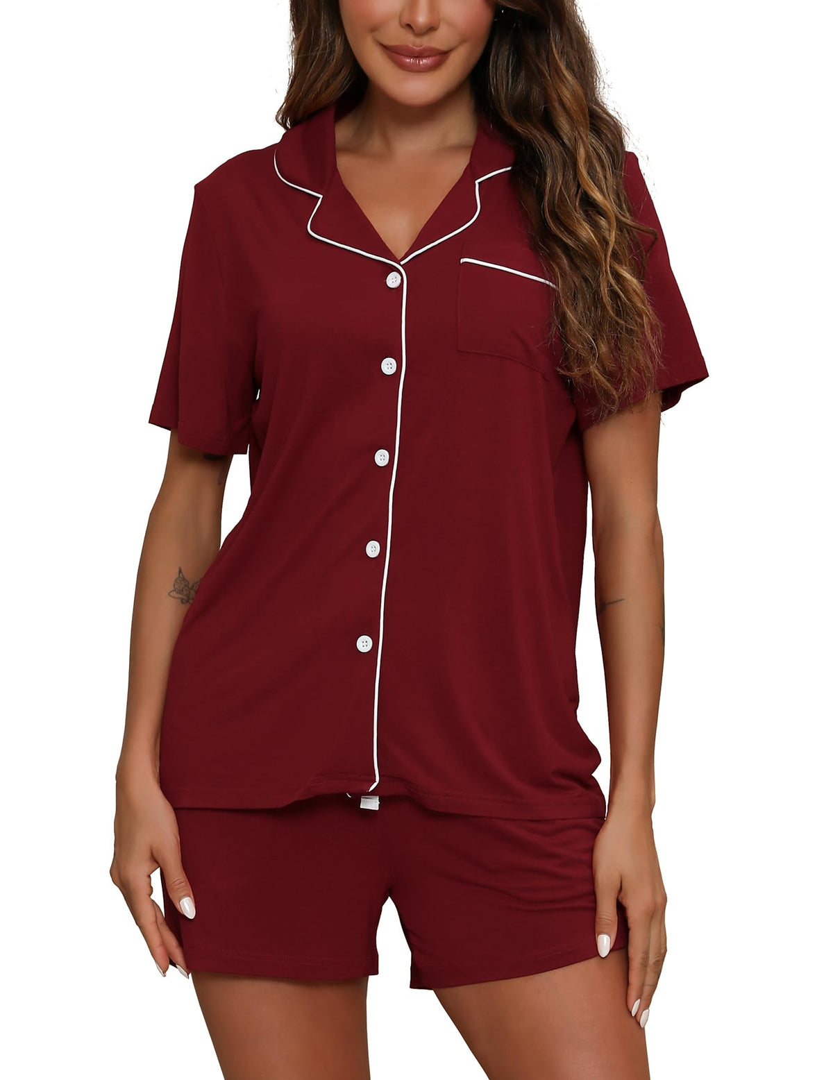 ZMJ Womens Pajama Sets 2 Piece Lounge Sets Short Sleeve Top and Shorts Pj Set Button Down Sleepwear Outfits Wine Red, S
